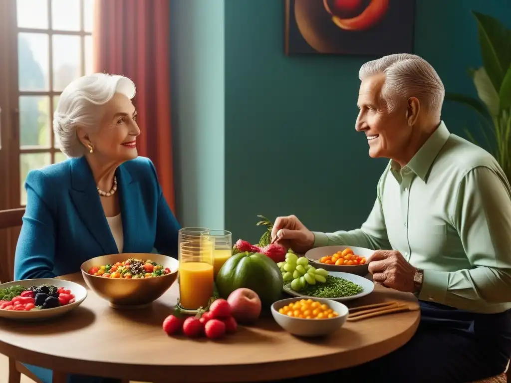 Una pareja mayor disfruta de una mesa con comida vegana balanceada y colorida