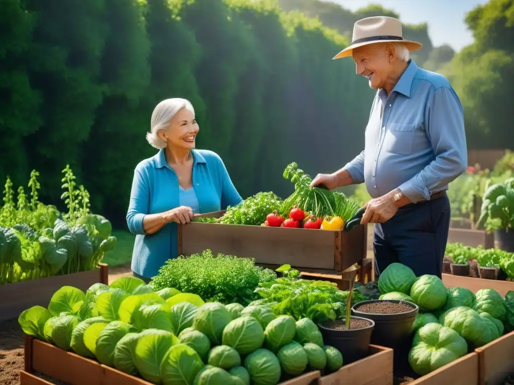 Una pareja mayor disfruta de su jardín, rodeados de vegetales y frutas vibrantes en huertos elevados