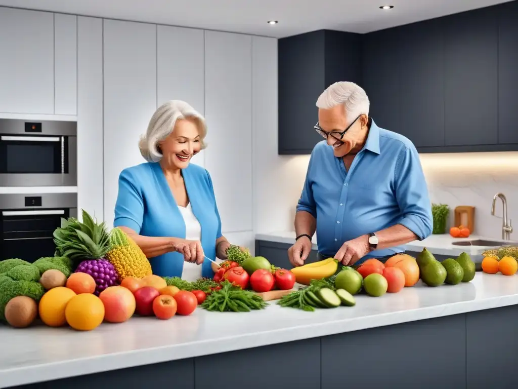 Una pareja mayor feliz cocina con suplementos veganos en una cocina luminosa y colorida