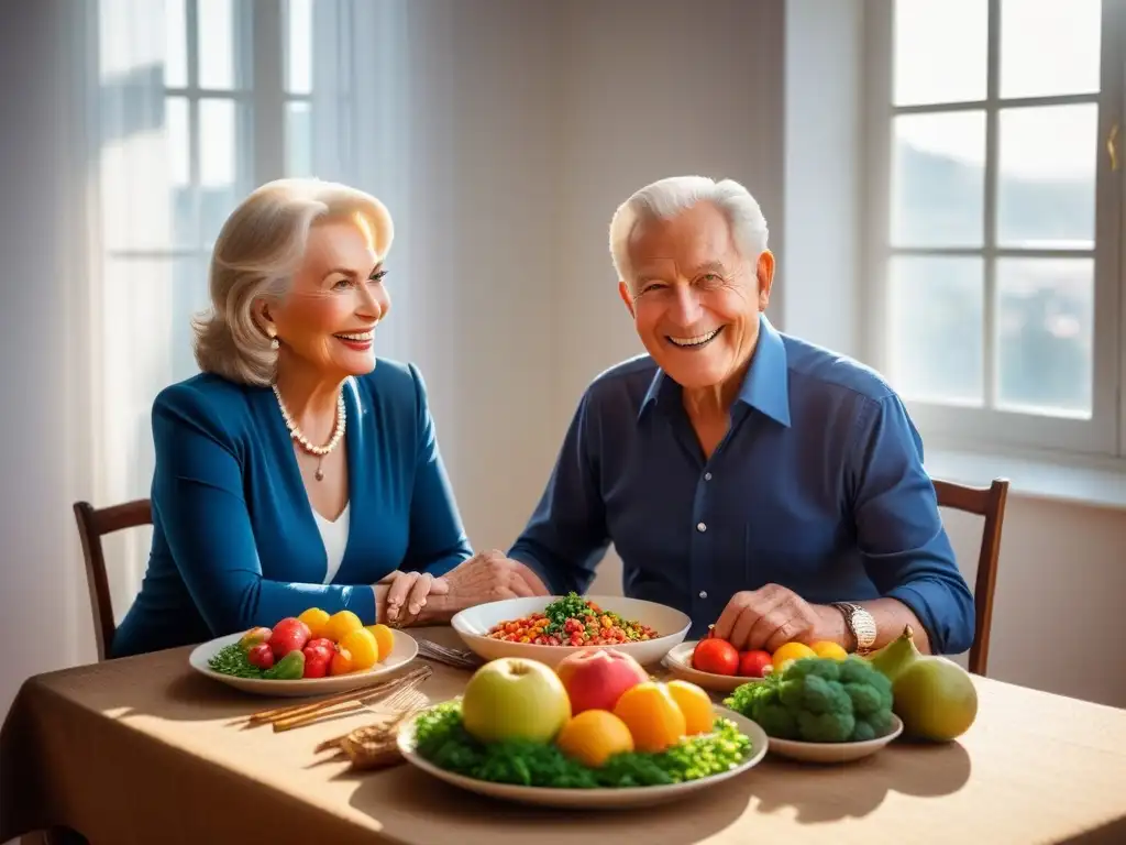 Una pareja mayor feliz disfrutando de una comida vegana nutritiva y colorida, mostrando los beneficios del veganismo en la tercera edad