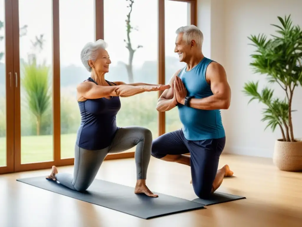 Una pareja mayor practica yoga juntos en un ambiente sereno, demostrando fuerza, flexibilidad y paz