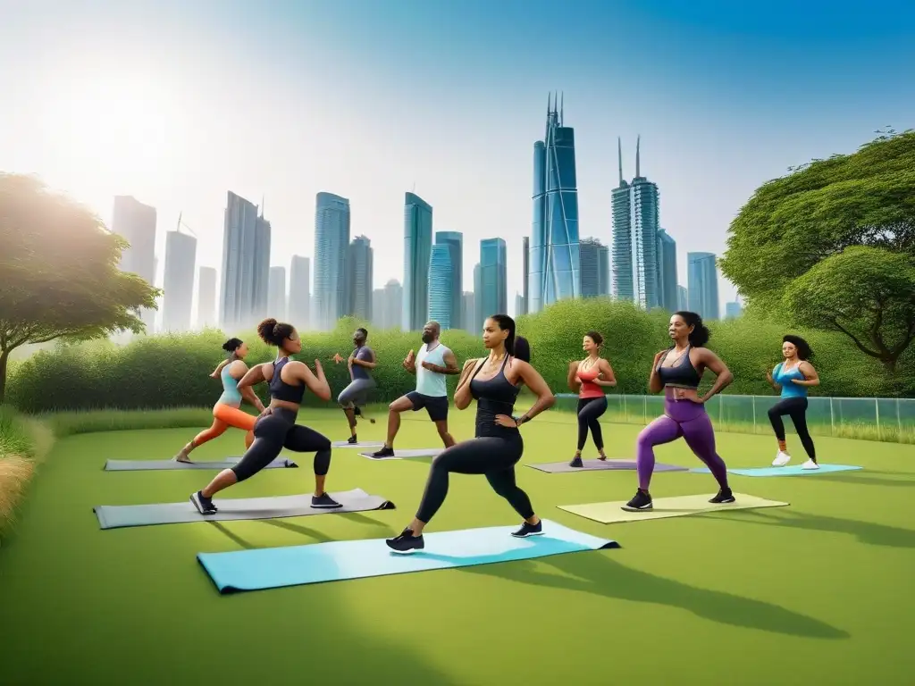 Un parque vibrante con personas diversas practicando yoga, corriendo y andando en bicicleta