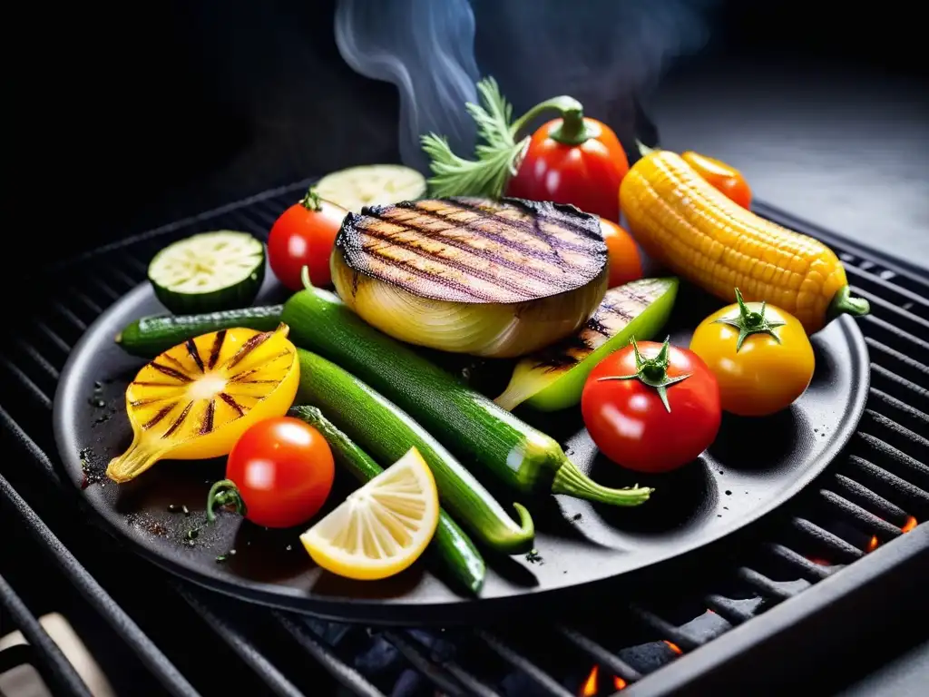 Una parrilla llena de verduras frescas y coloridas con humo aromático, evocando el secreto sabor auténtico del pollo vegano