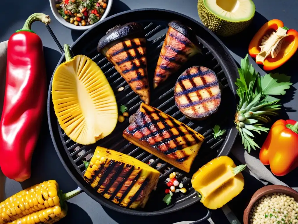 Una parrillada Latina vegana con jackfruit, champiñones, pimientos, piña y maíz, lista para disfrutar