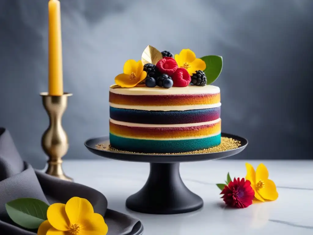 Un pastel arcoíris vegano para fiestas innovador, decorado con flores comestibles y detalles dorados, sobre un elegante soporte de mármol