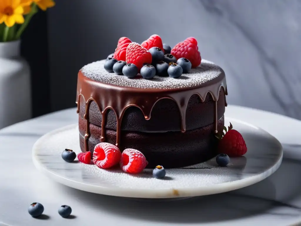 Un pastel de chocolate vegano sin gluten decorado con frambuesas y flores comestibles, sobre una encimera de mármol en una cocina moderna minimalista