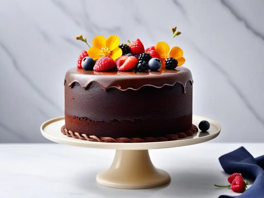 Un pastel vegano de chocolate decorado con frutas y flores, ideal para postres veganos para fiestas innovadores