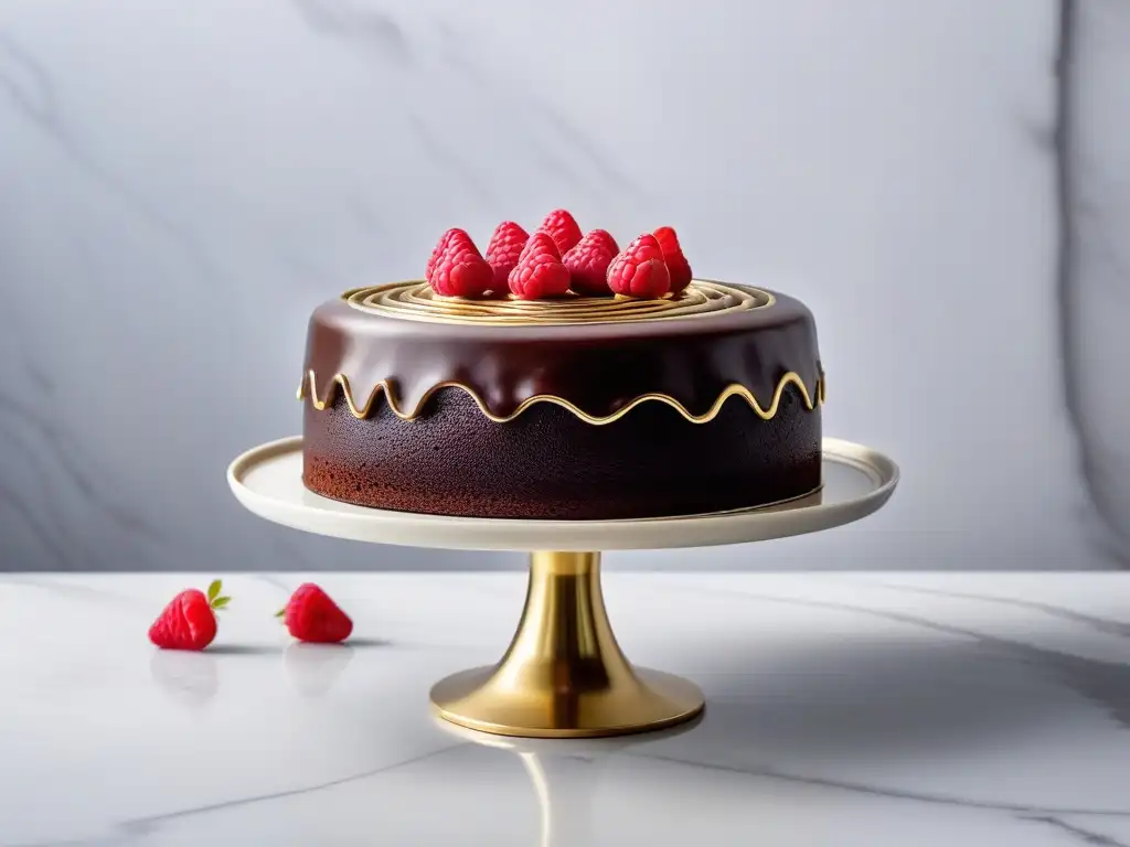 Un pastel vegano de chocolate perfecto, exquisito y elegante, con ganache brillante y frambuesas frescas en un soporte de mármol blanco moderno