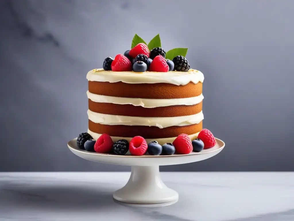 Un pastel vegano decorado con endulzantes naturales, frutas y flores, sobre una elegante encimera de mármol blanco