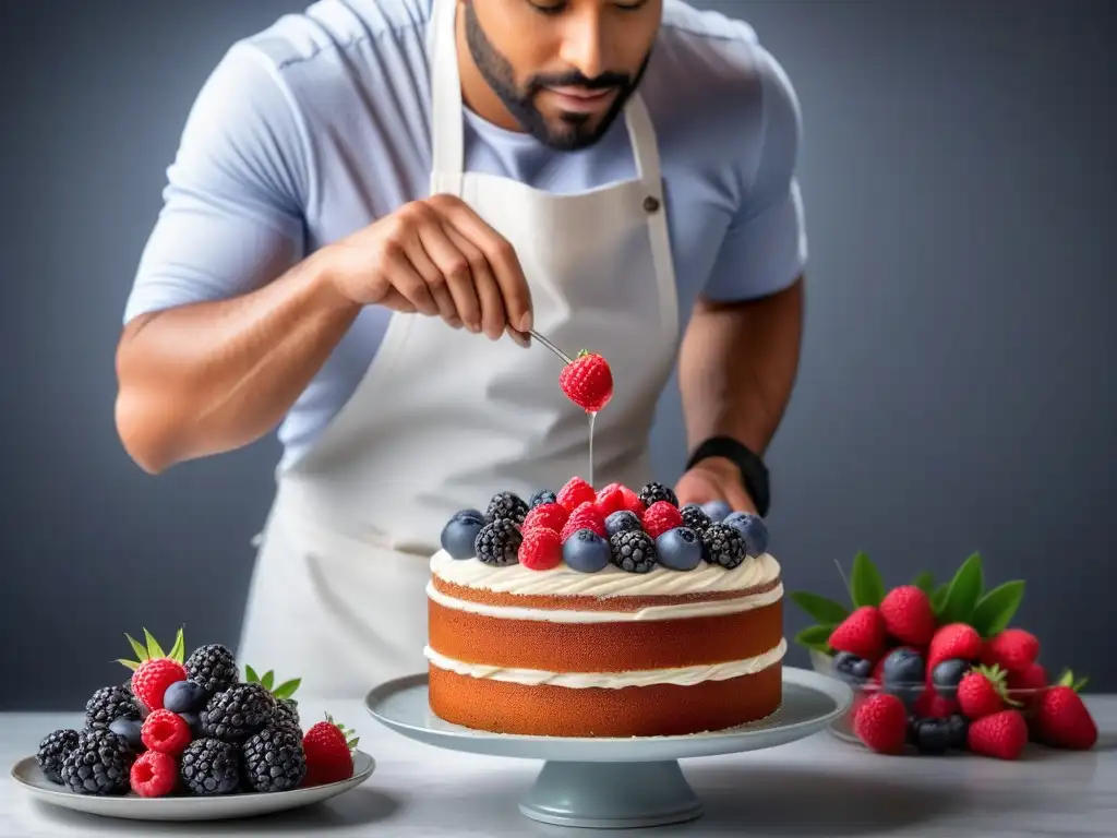 Pastelera vegana adornando con precisión un pastel con frutas frescas y flores comestibles