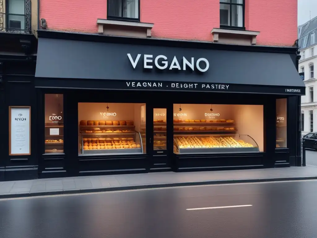 Una pastelería vegana con diseño futurista, con ventanales y letrero 'Vegano Delights'