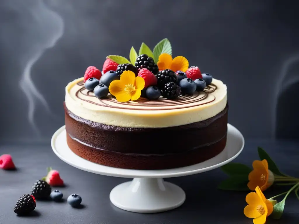 Pastelería vegana sin gluten: Elegante pastel de chocolate decorado con frutas y flores en un soporte de mármol