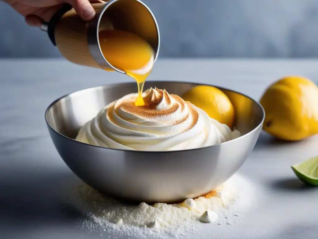 Aquafaba en pastelería vegana: Aquafaba montada a punto de nieve en un bol plateado brillante, mostrando su textura esponjosa y versatilidad