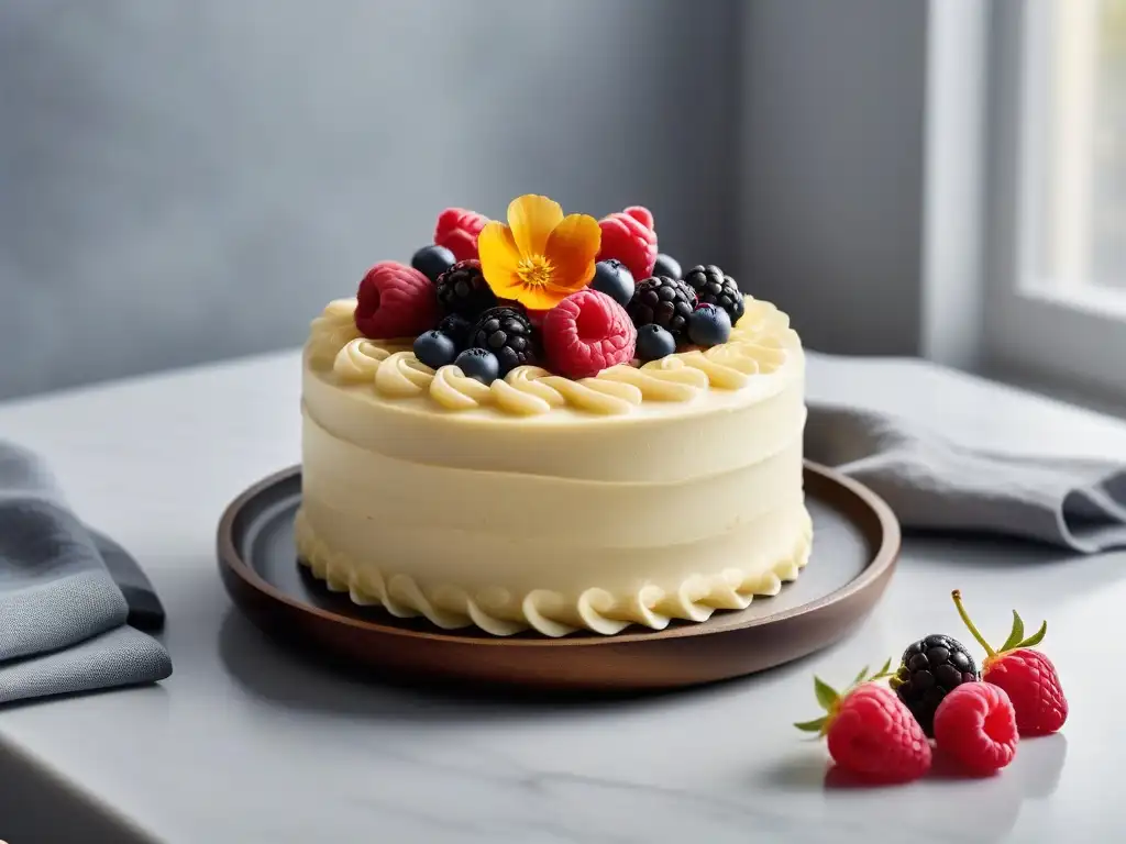 Pastelería vegana sin gluten: Detalle de pastel decorado con frutas frescas y flores comestibles, en ambiente elegante y luminoso