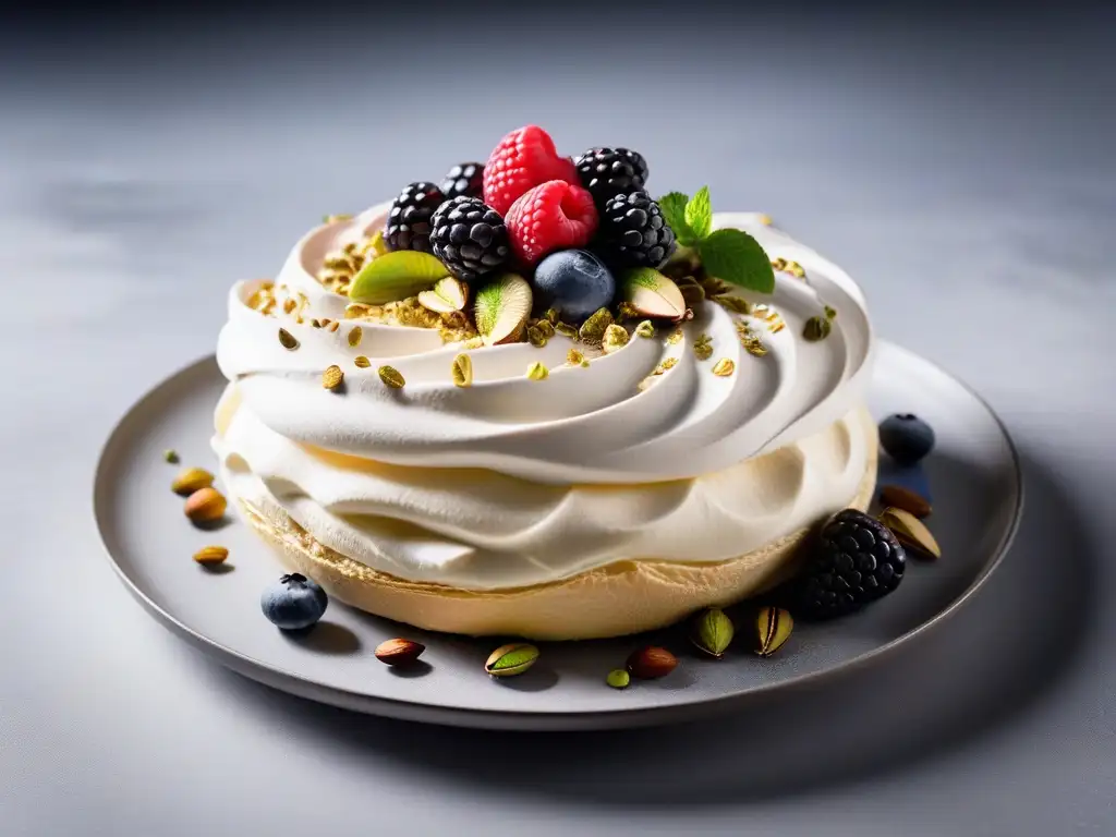 Pavlova vegana ligera crujiente con crema de coco, frutas y pistachos en un elegante plato blanco