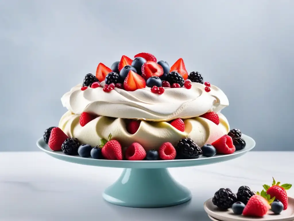 Pavlova vegana ligera crujiente con frutos rojos frescos sobre fondo moderno