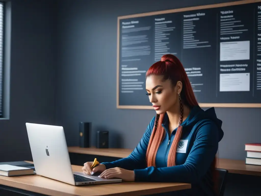 Persona concentrada estudiando para certificación en nutrición vegana, rodeada de motivación y alimentos vegetales