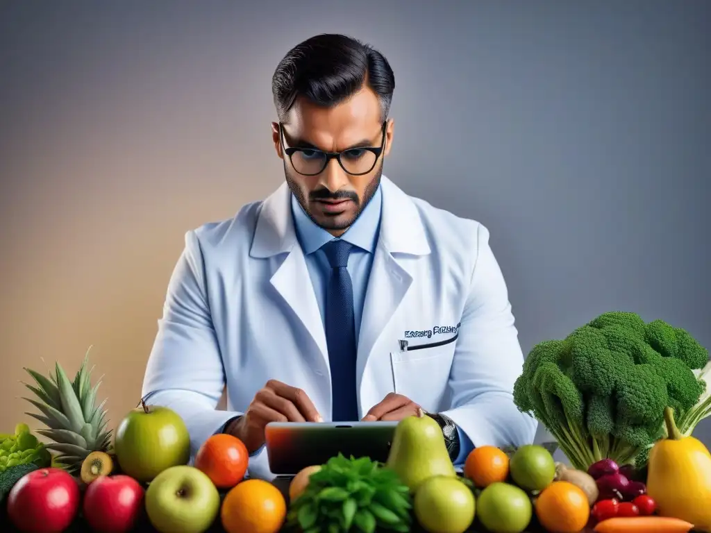 Persona enfocada en certificación en nutrición vegana desafíos, rodeada de frutas y verduras, organizando agenda en tablet