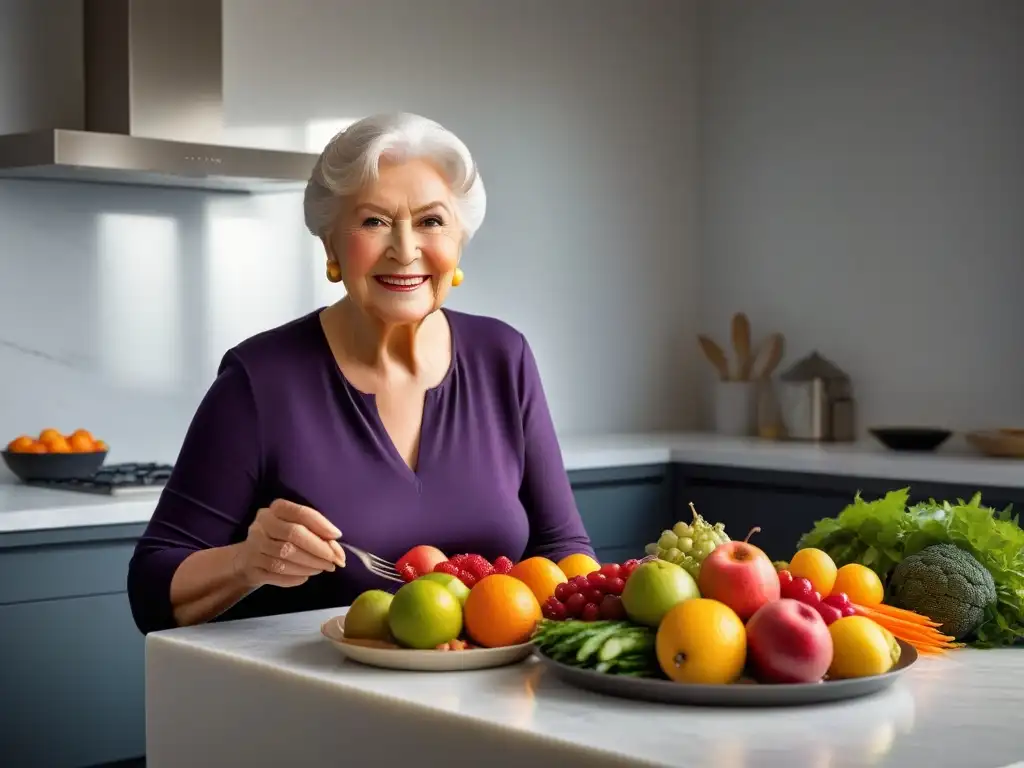 Persona mayor disfrutando de una dieta vegana y envejecimiento saludable con frutas y verduras variadas en una cocina minimalista