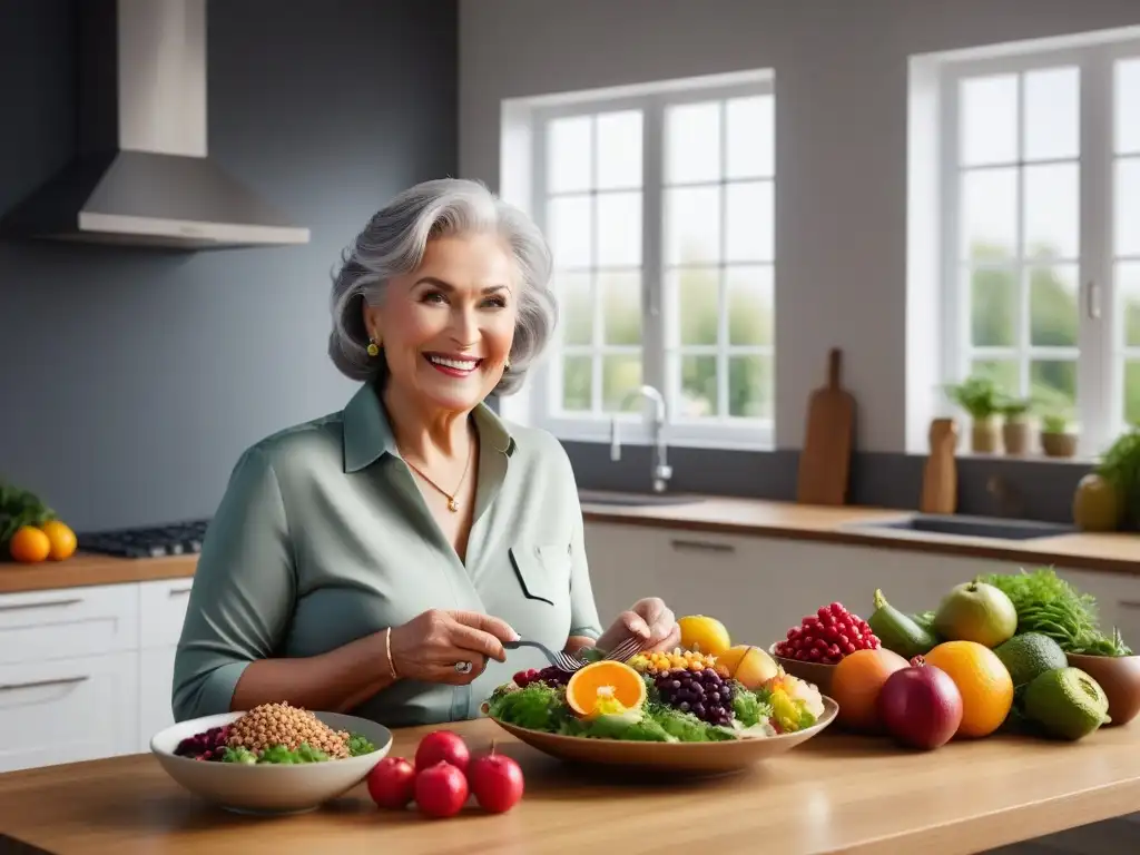 Persona mayor disfrutando de una dieta vegana equilibrada en vejez, rodeada de alimentos coloridos en una cocina moderna y luminosa