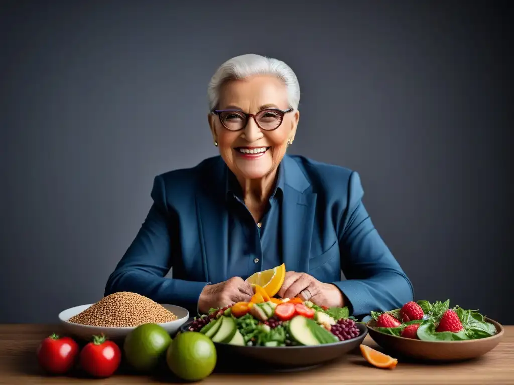 Una persona mayor sonriendo frente a una mesa llena de alimentos veganos coloridos y saludables