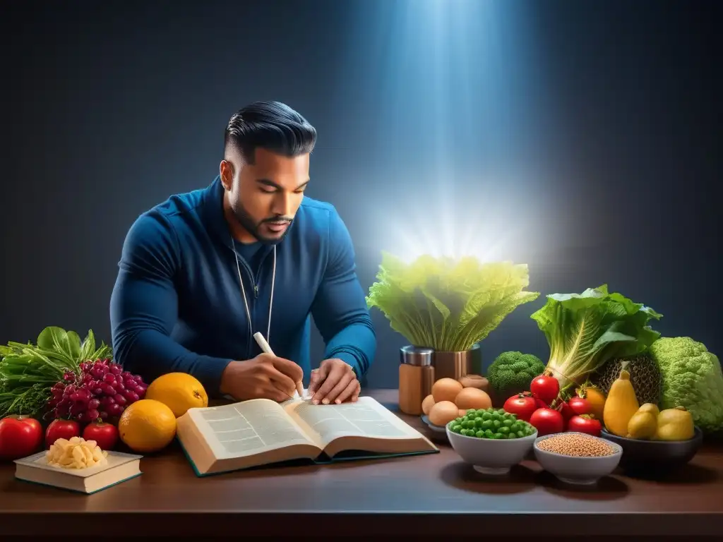 Persona estudiando nutrición vegana rodeada de alimentos, libros y notas, con luz brillante