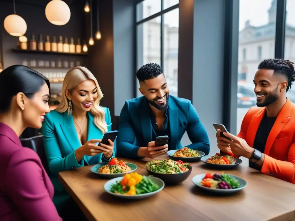 Personas disfrutan apps veganas para conteo calorías en café moderno con comida colorida