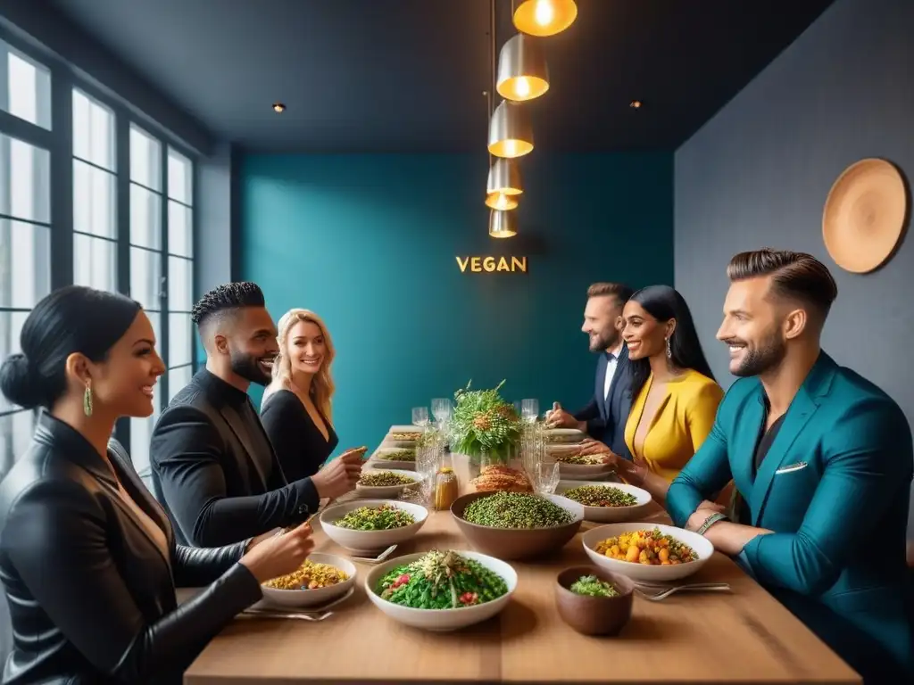 Personas disfrutando de una comida vegana en uno de los mejores restaurantes veganos de Europa, ambiente moderno y vibrante