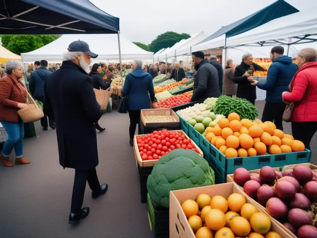 Personas diversas comprando en un animado mercado de agricultores, promoviendo superfoods veganos y cuidado del medio ambiente