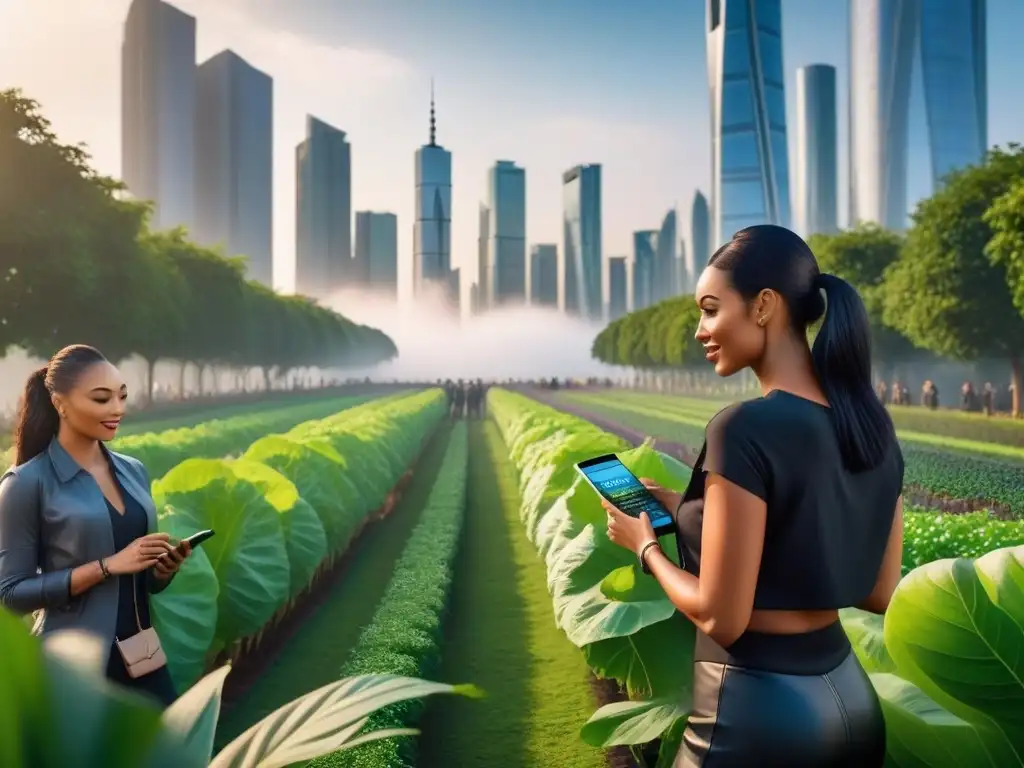 Personas diversas usan apps planificación menús veganos 2023 en ciudad futurista eco-amigable