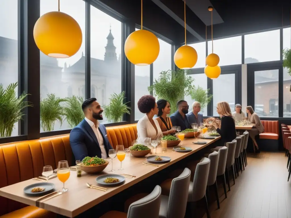 Personas diversas disfrutan de deliciosos platillos veganos en un restaurante moderno y acogedor