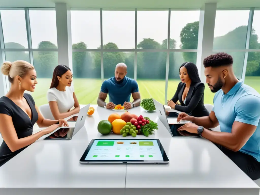 Personas diversas planificando dieta vegana digital en cocina futurista con tecnología holográfica y jardín verde