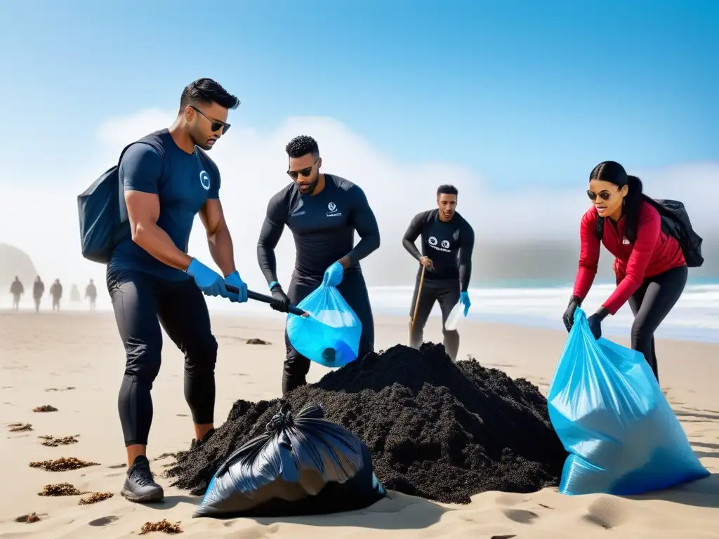 Personas diversas realizando una limpieza de playa bajo un cielo azul