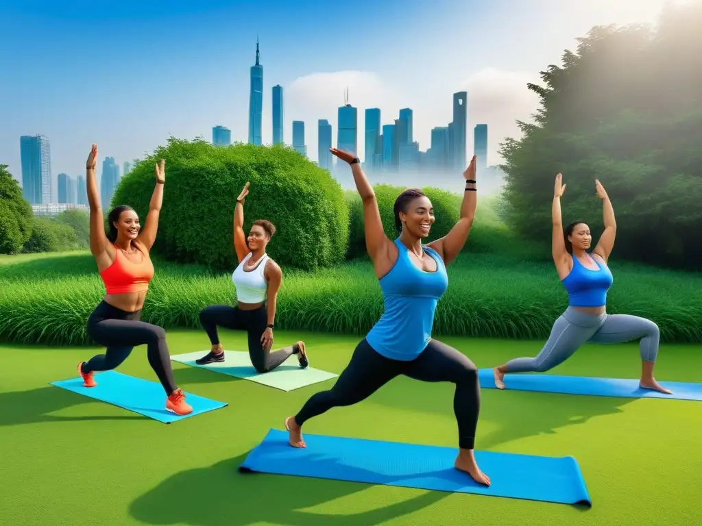 Personas diversas practican yoga, pesas y trotan en un parque verde y soleado, irradiando vitalidad