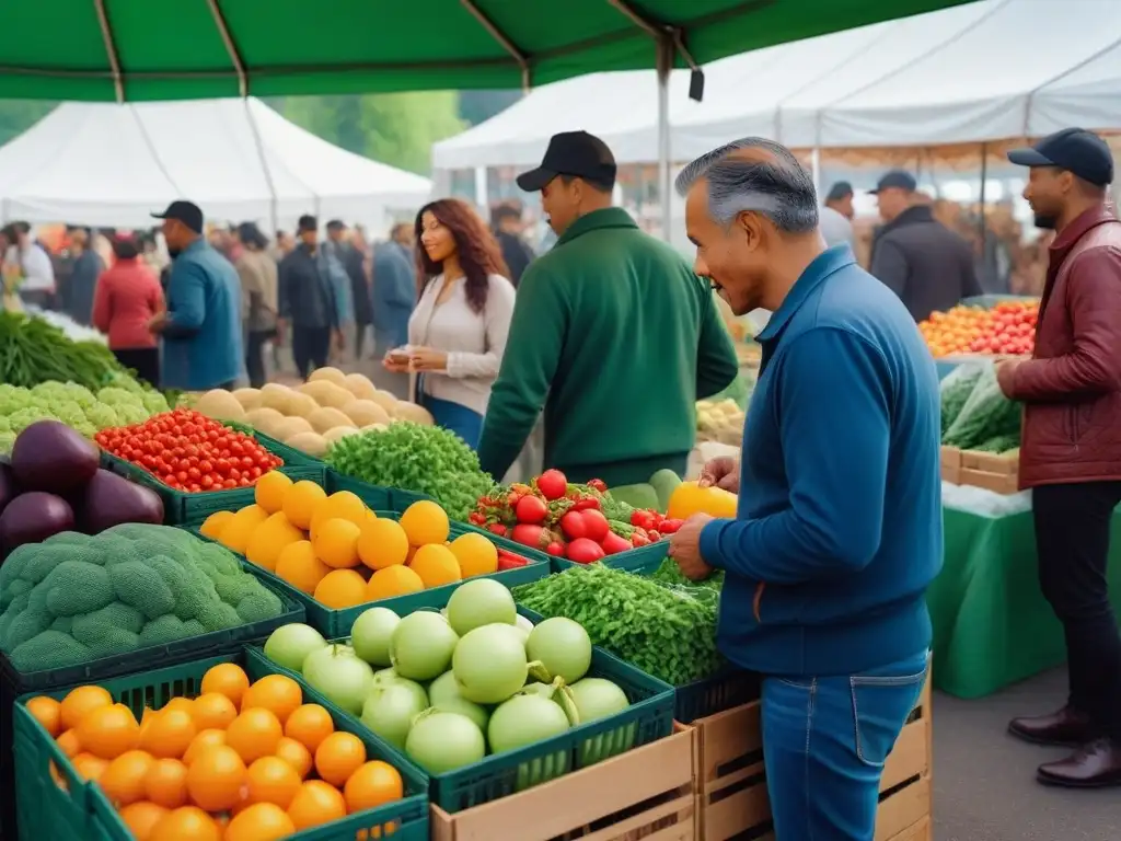 Personas de todas las edades y orígenes disfrutan de frutas y verduras en un mercado, con bolsas reutilizables y alimentos veganos