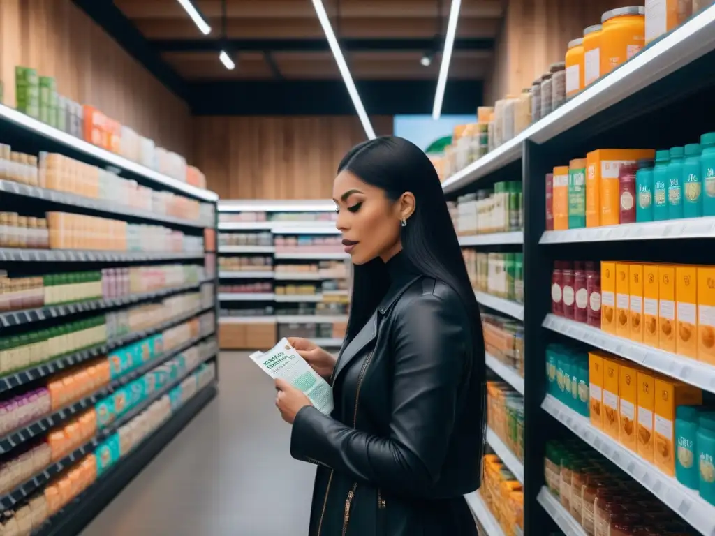 Personas leyendo detenidamente etiquetas de suplementos veganos en una tienda de alimentos saludables