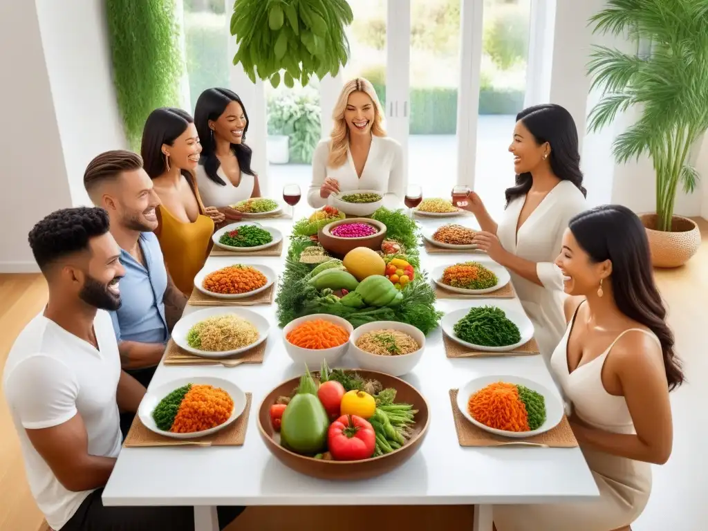 Personas felices disfrutan alimentos veganos probióticos en mesa bien decorada