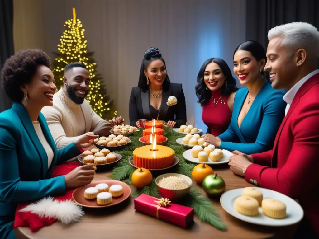 Diversas personas celebran la Navidad con polvorones veganos en una mesa festiva