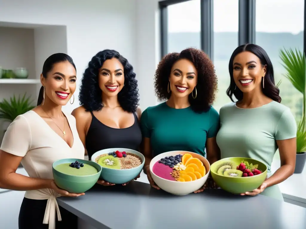 Personas veganas sonrientes disfrutando de smoothie bowls llenos de energía y color, destacando la espirulina