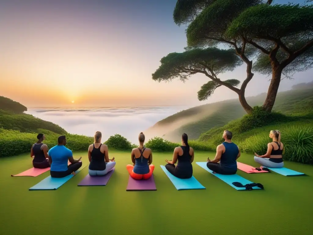 Personas practicando yoga al aire libre bajo un atardecer dorado rodeadas de naturaleza exuberante