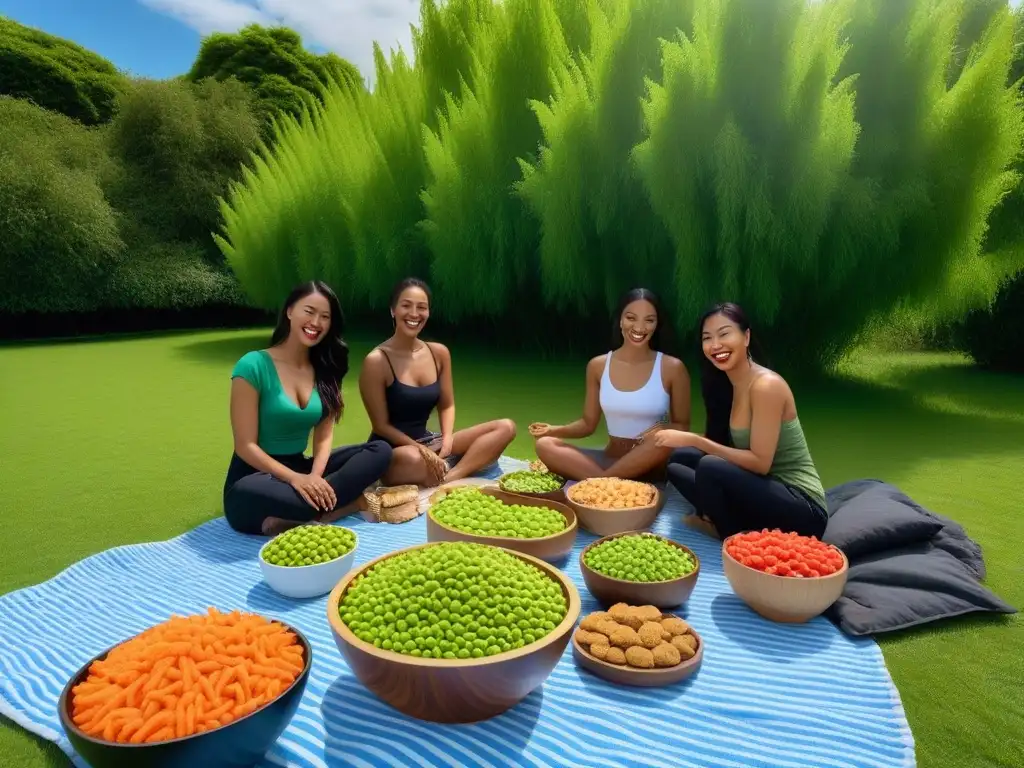 Un picnic al aire libre con jóvenes sonrientes disfrutando de delicias veganas