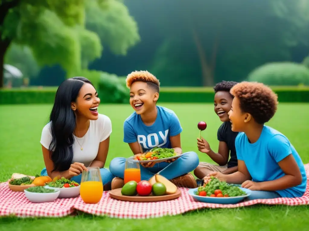 Un picnic alegre con niños disfrutando de menús veganos para niños divertidos en un parque verde y exuberante