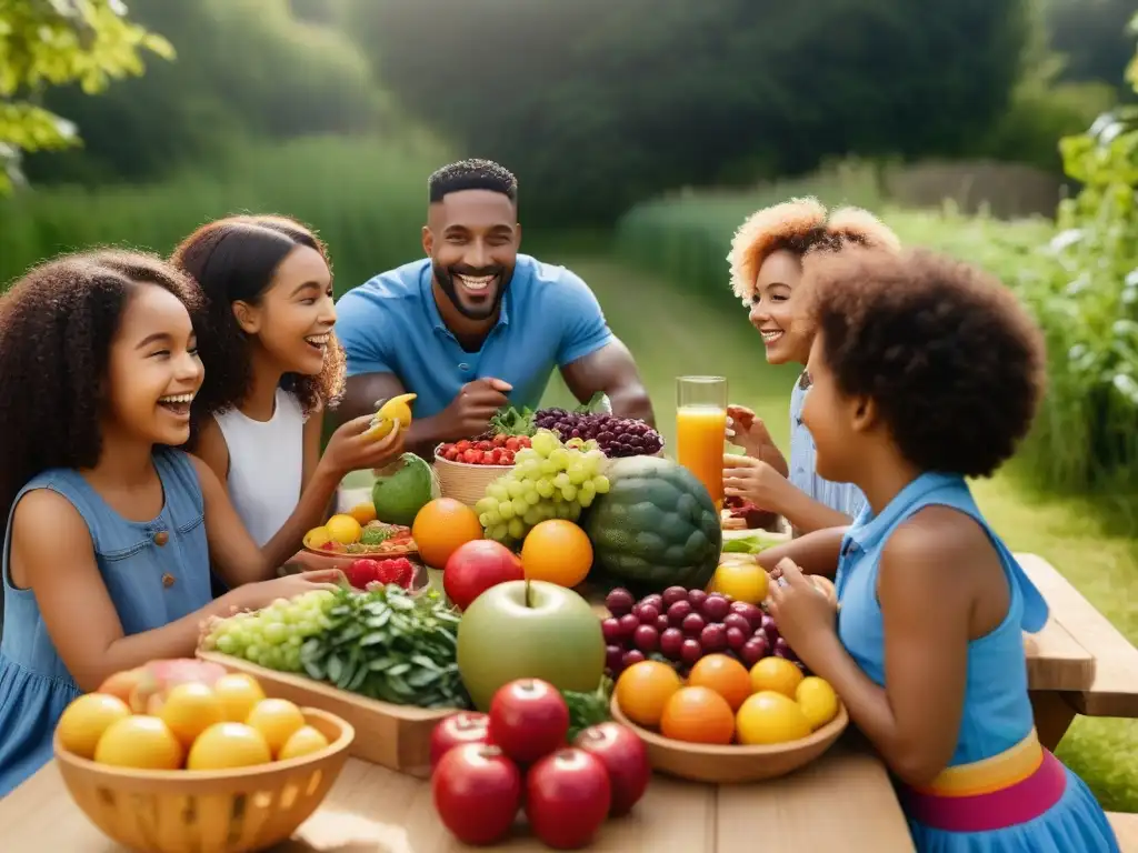 Un picnic saludable y alegre de niños diversos disfrutando de alimentos veganos