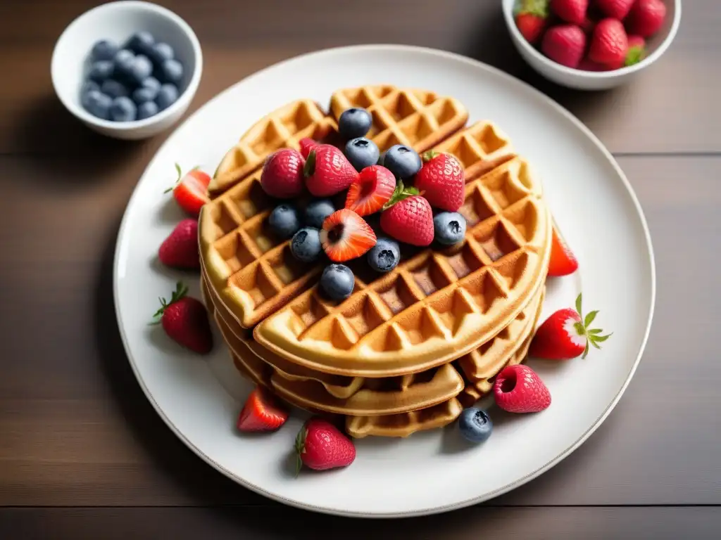 Deléitate con una pila de waffles veganos crujientes dorados, bañados en jarabe de arce y decorados con frutas frescas