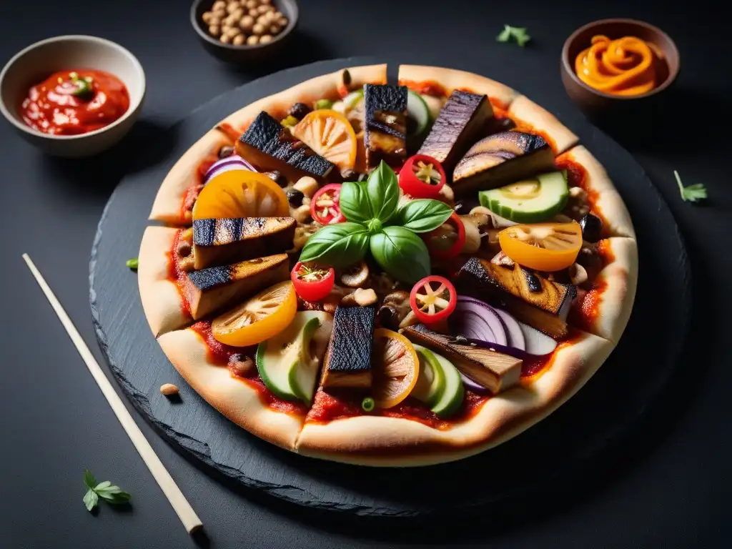 Una pizza vegana con sabores asiáticos, perfectamente detallada y colorida, lista para deleitar tus sentidos