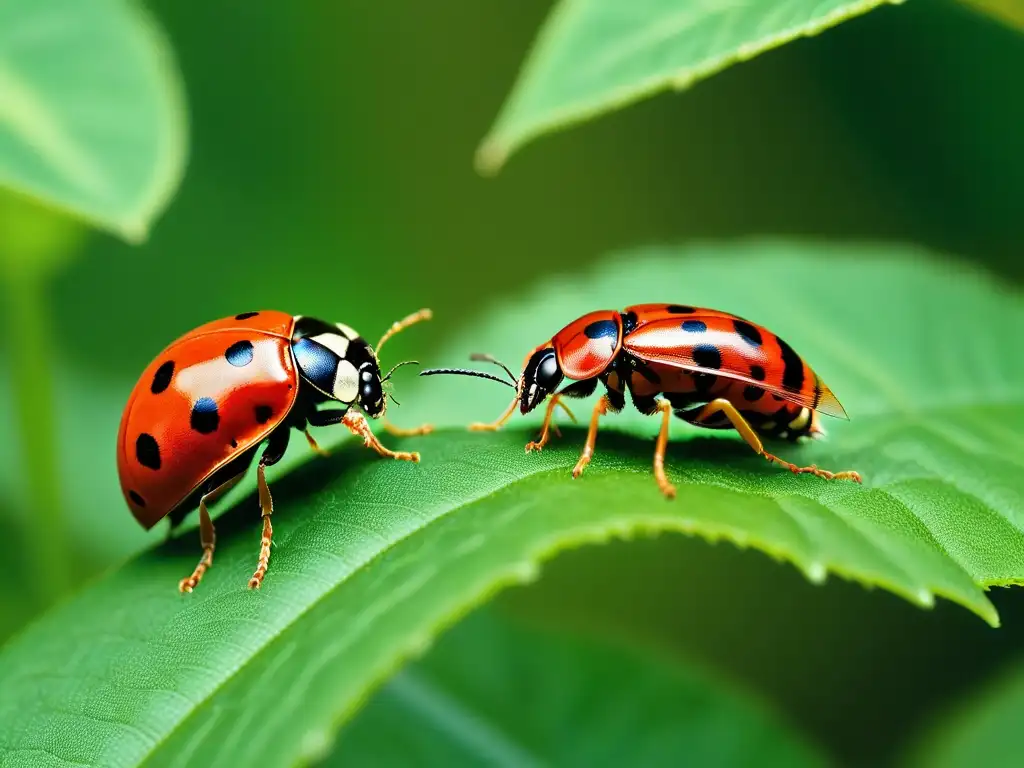 Plagas naturales huerto vegano: Detalle de depredadores beneficiosos en un jardín, como mariquitas y mantis religiosas, sobre hojas verdes vibrantes