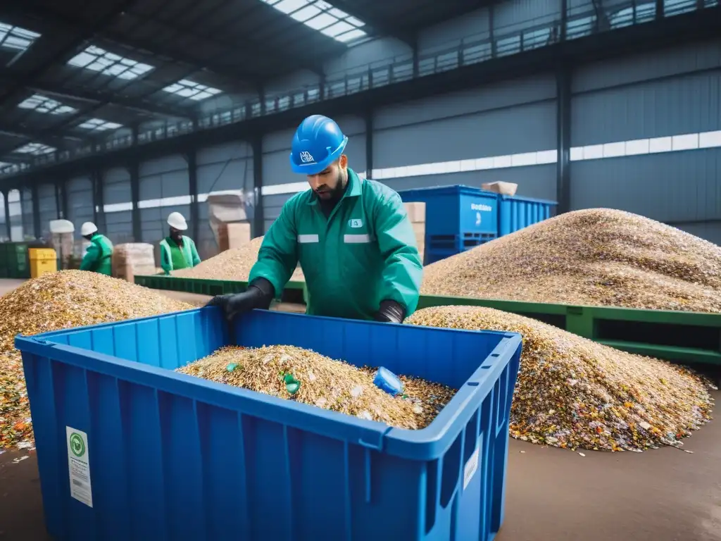 Una planta de reciclaje bulliciosa y vibrante, con trabajadores ordenando materiales reciclados coloridos