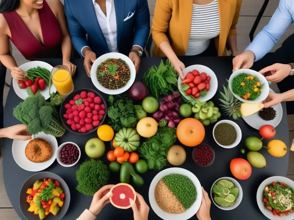 Plataformas veganas nutrición sabor: Grupo diverso disfruta comida vegetal en mesa colorida y elegante, irradiando salud y comunidad