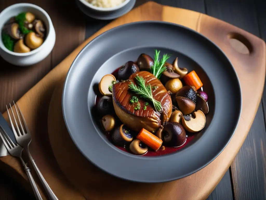 Un platillo vegano reinventado de Coq au Vin, con ingredientes vegetales en una presentación elegante