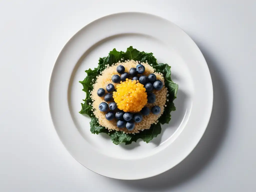 Plato blanco con superalimentos veganos: kale, semillas de chía, arándanos y quinoa